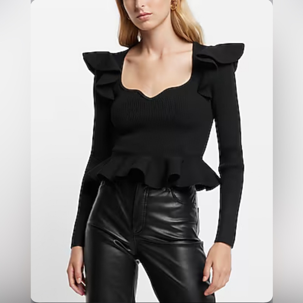 Ribbed Sweetheart Neckline Ruffle Peplum Sweater Pitch Black Size Large